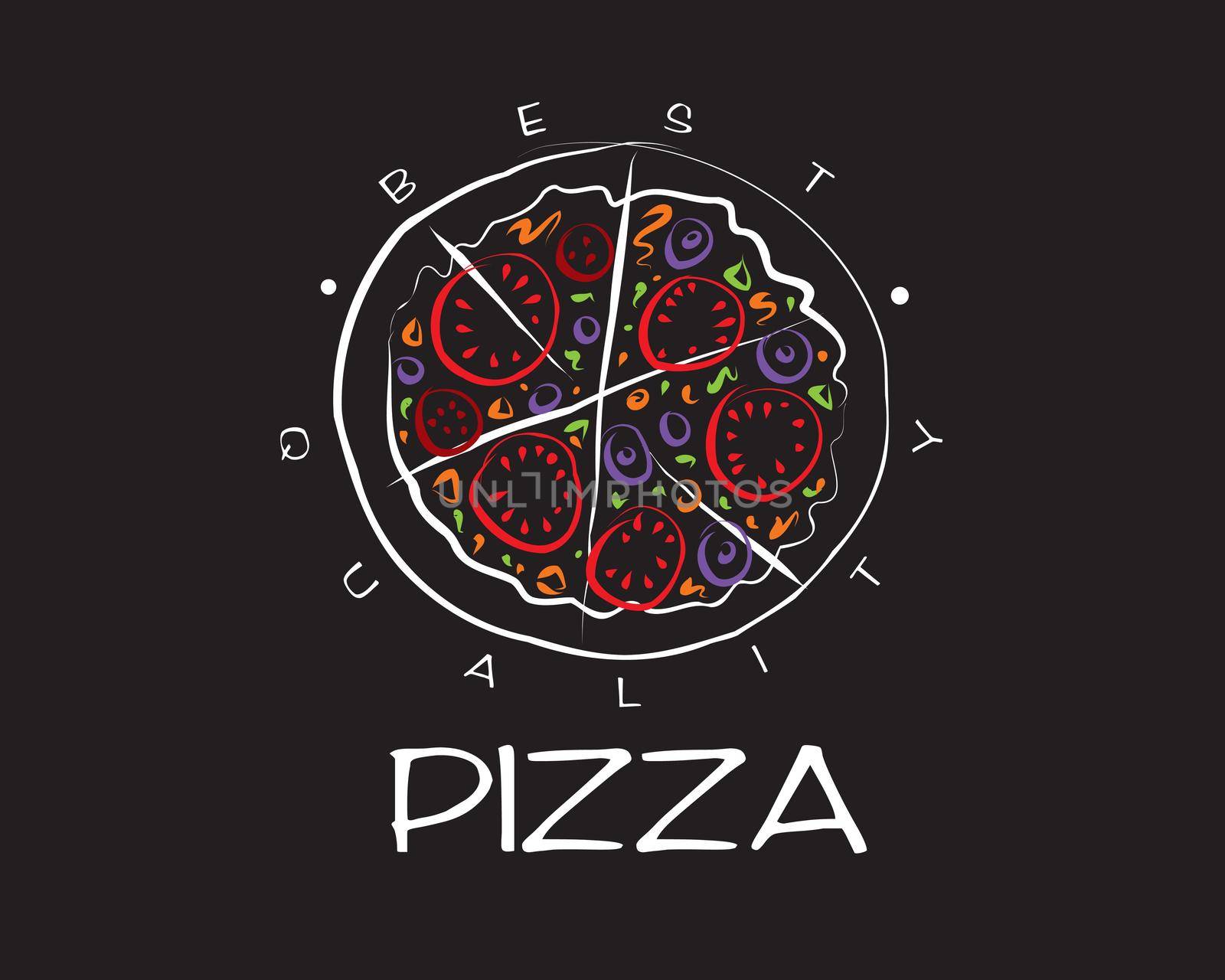 Hand drawn vector pizza logo on black background.