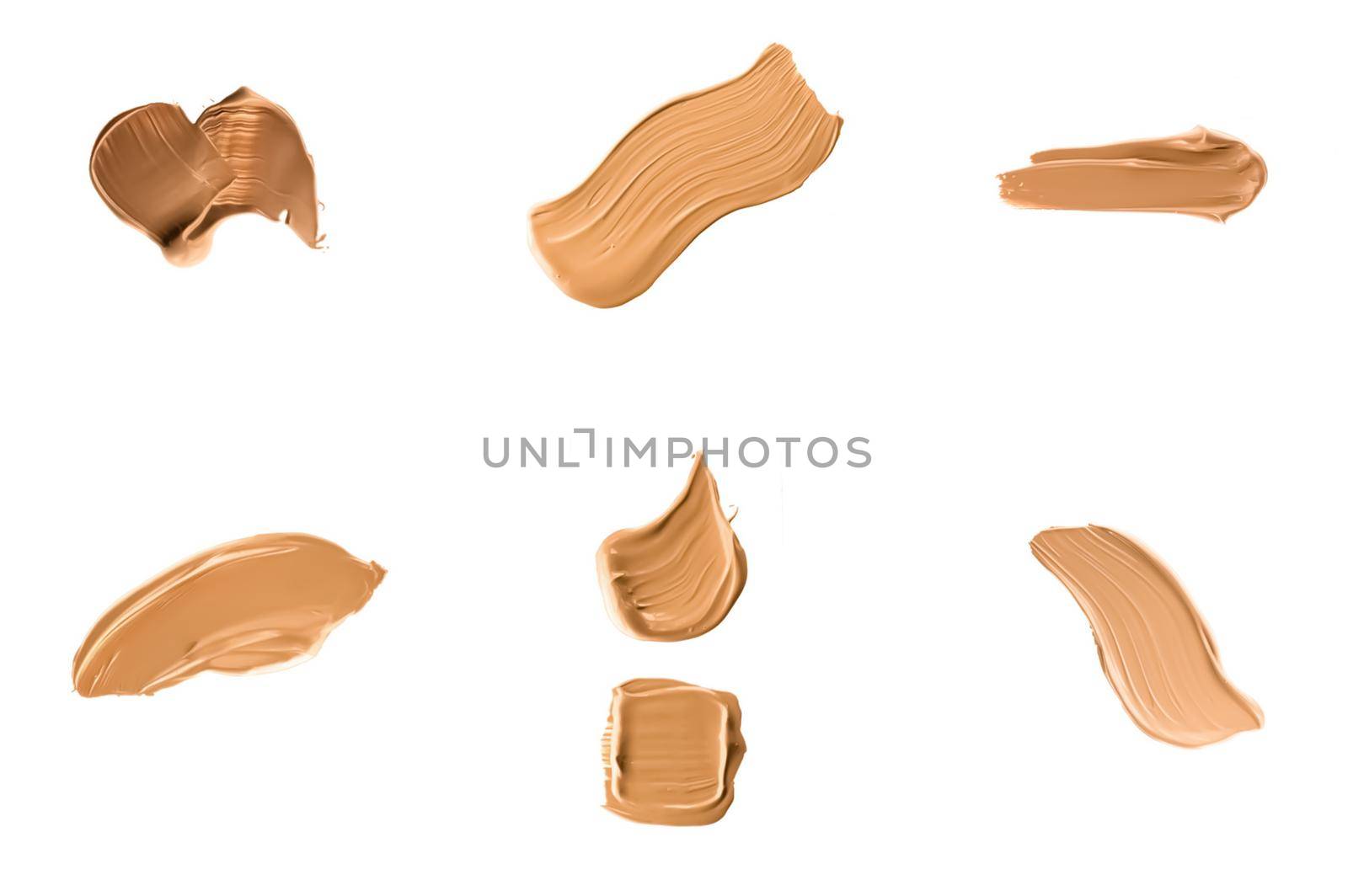 Liquid foundation smudges, smears and strokes as makeup textures isolated on white background, beauty and cosmetics set