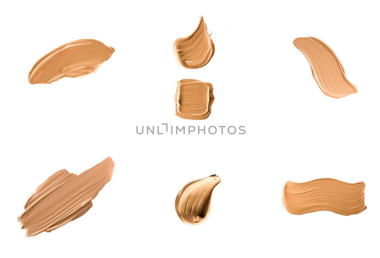 Liquid foundation smudges, smears and strokes as makeup textures isolated on white background, beauty and cosmetics by Anneleven