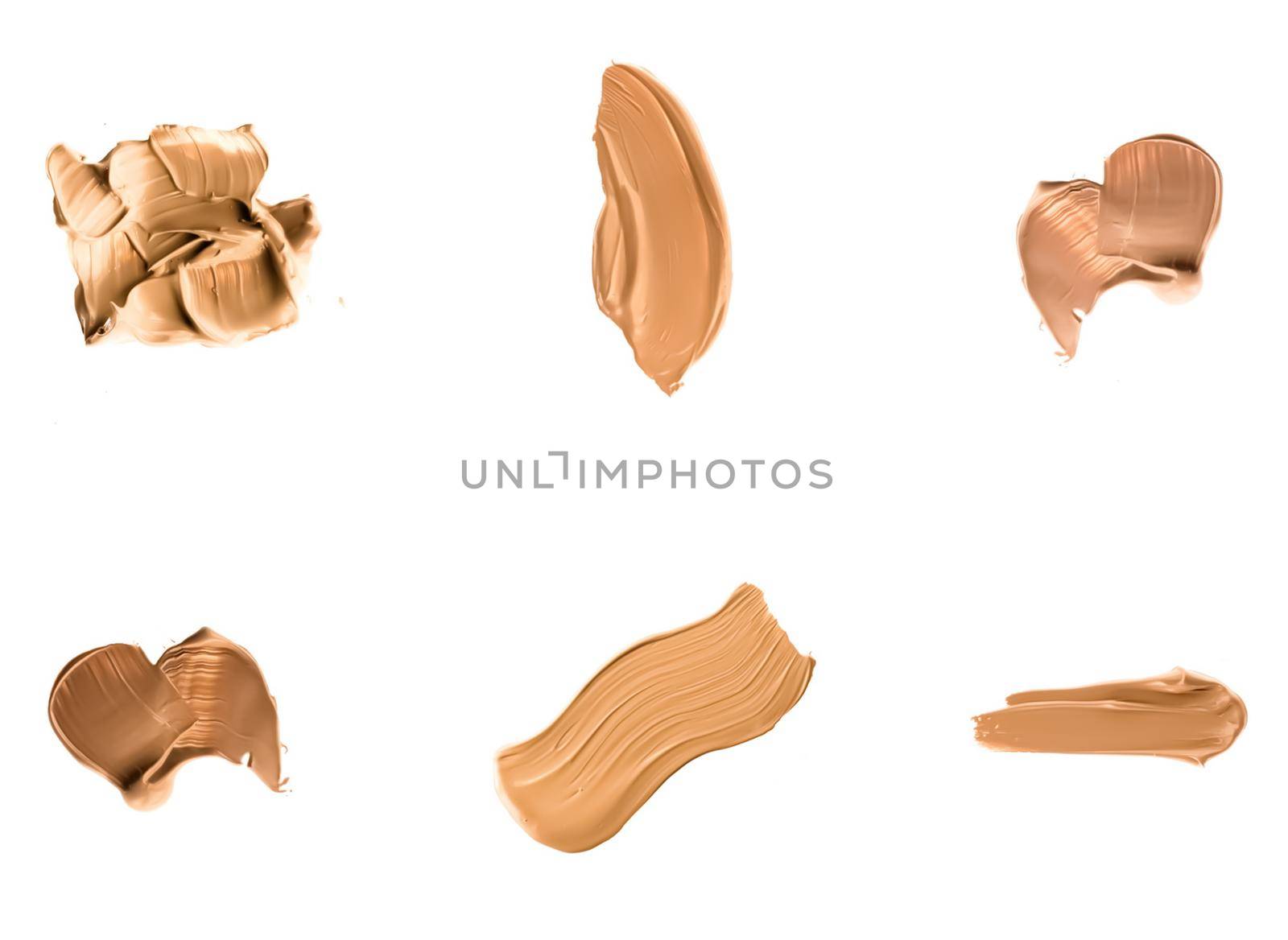 Liquid foundation smudges, smears and strokes as makeup textures isolated on white background, beauty and cosmetics set