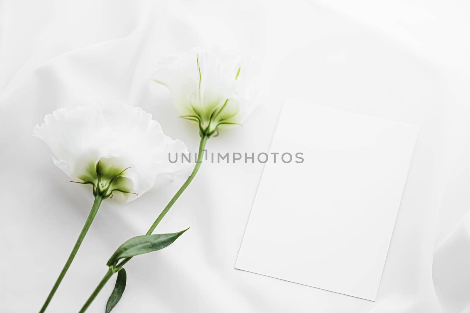 Wedding invitation and white rose flowers on silk fabric as bridal flatlay background, blank paper greeting card and holiday branding, flat lay design by Anneleven