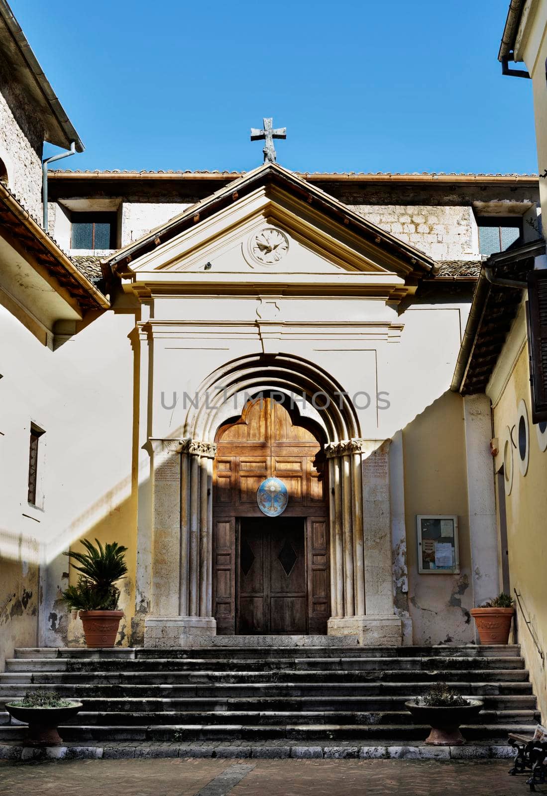 Church of Santo Stefano in Alatri ,beautiful exterior with wooden portal and staircase