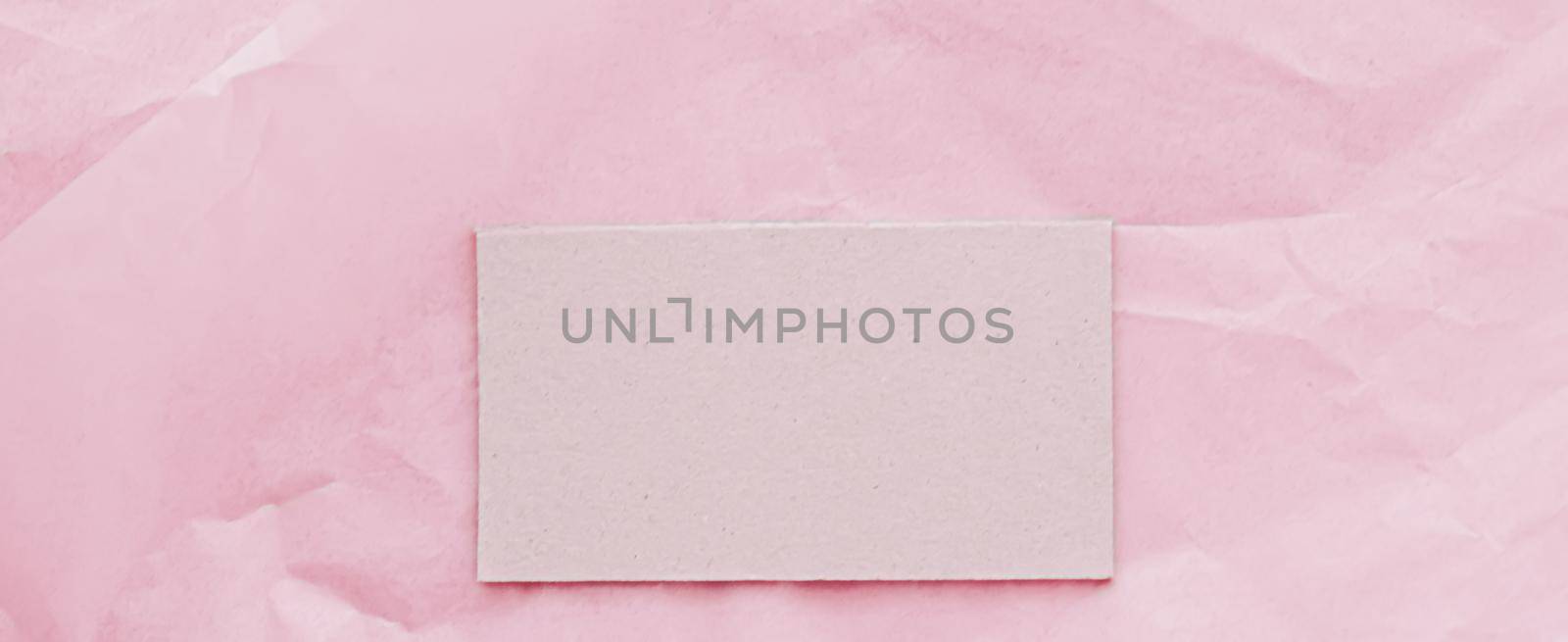 Business card flatlay on pink tissue paper background, luxury branding flat lay and brand identity design for mockup by Anneleven