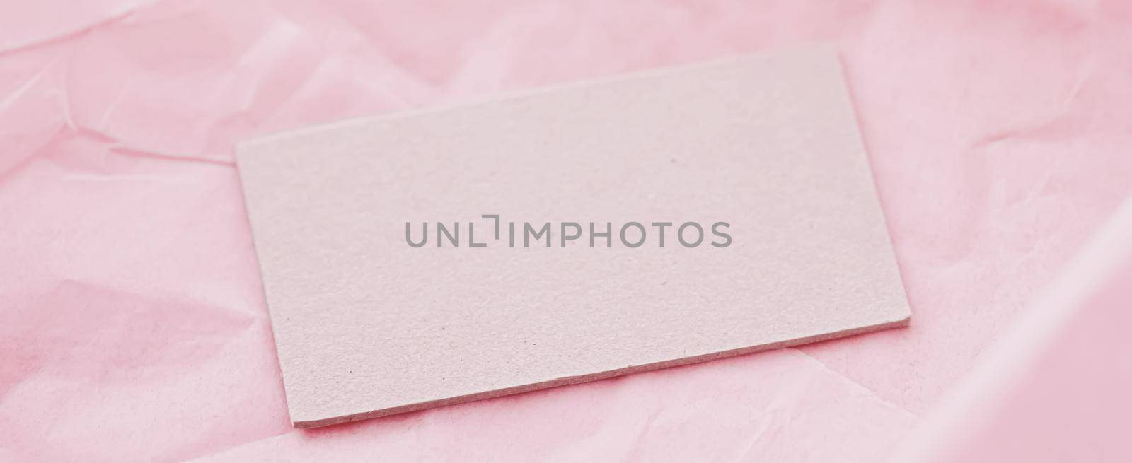 Business card flatlay on pink tissue paper background, luxury branding flat lay and brand identity design for mockups