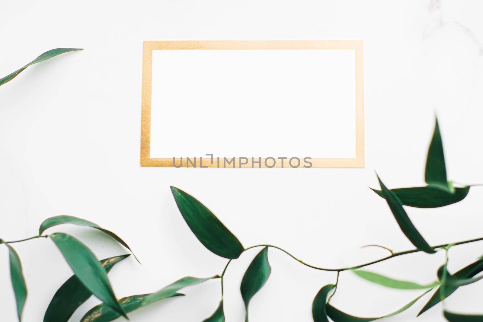 Blank white and gold card, green leaves on white background as botanical frame flatlay, wedding invitation and branding, flat lay design concept