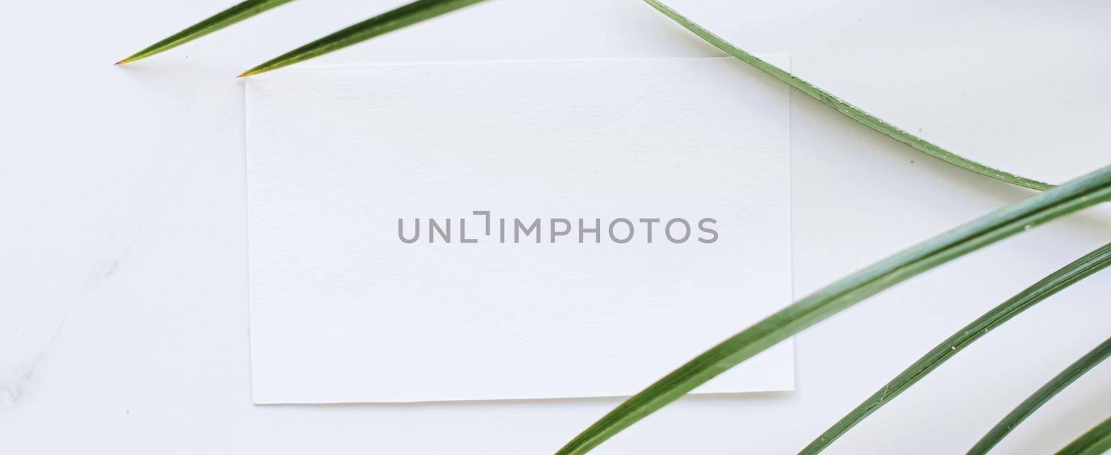 White card flatlay and green exotic leaf, luxury branding flat lay and brand identity design for mockup by Anneleven