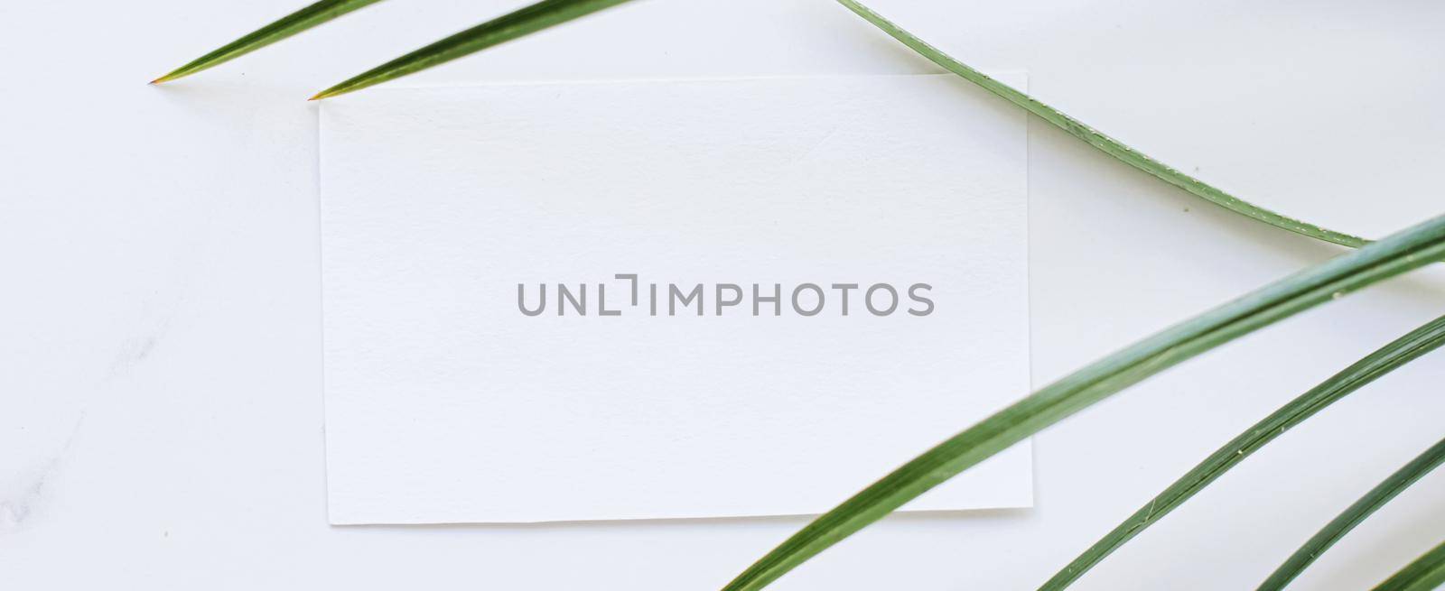 White card flatlay and green exotic leaf, luxury branding flat lay and brand identity design for mockups