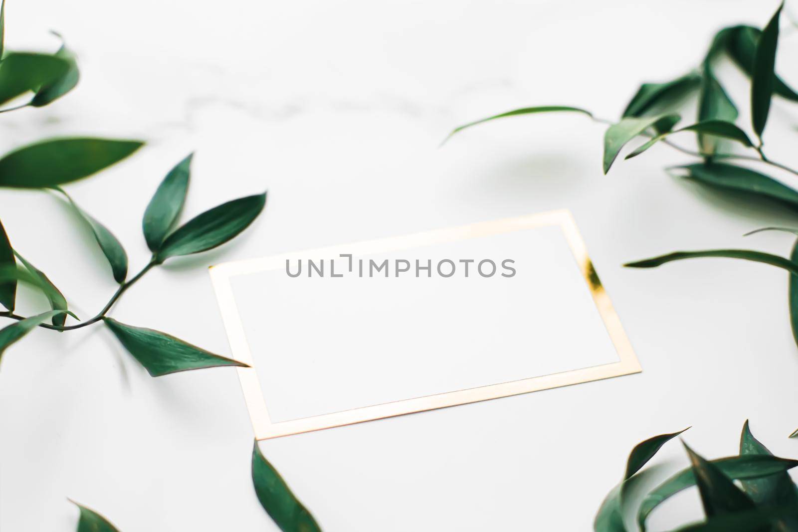 Blank white and gold card, green leaves on white background as botanical frame flatlay, wedding invitation and branding, flat lay design by Anneleven