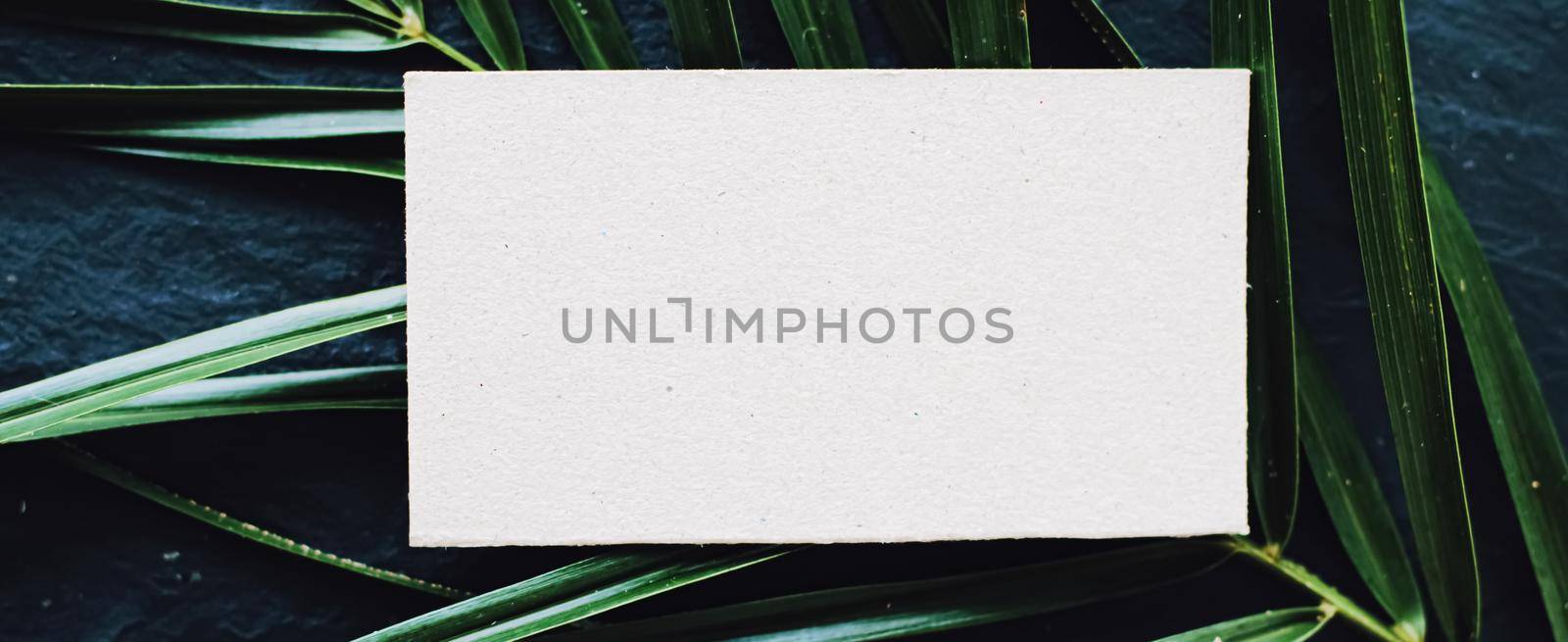 White business card flatlay on dark stone background and green exotic leaf, luxury branding flat lay and brand identity design for mockup by Anneleven