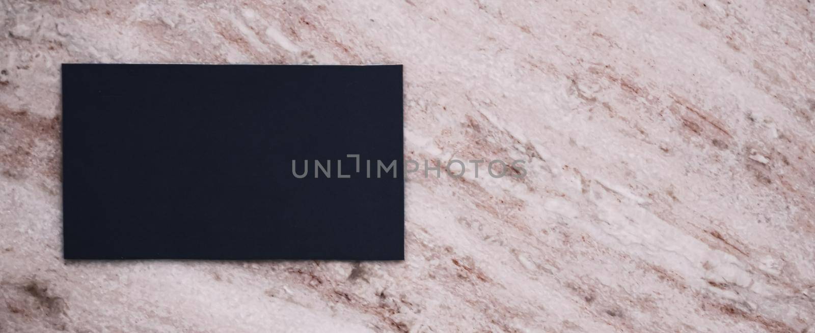 Black business card flatlay on stone background, luxury branding flat lay and brand identity design for mockup by Anneleven