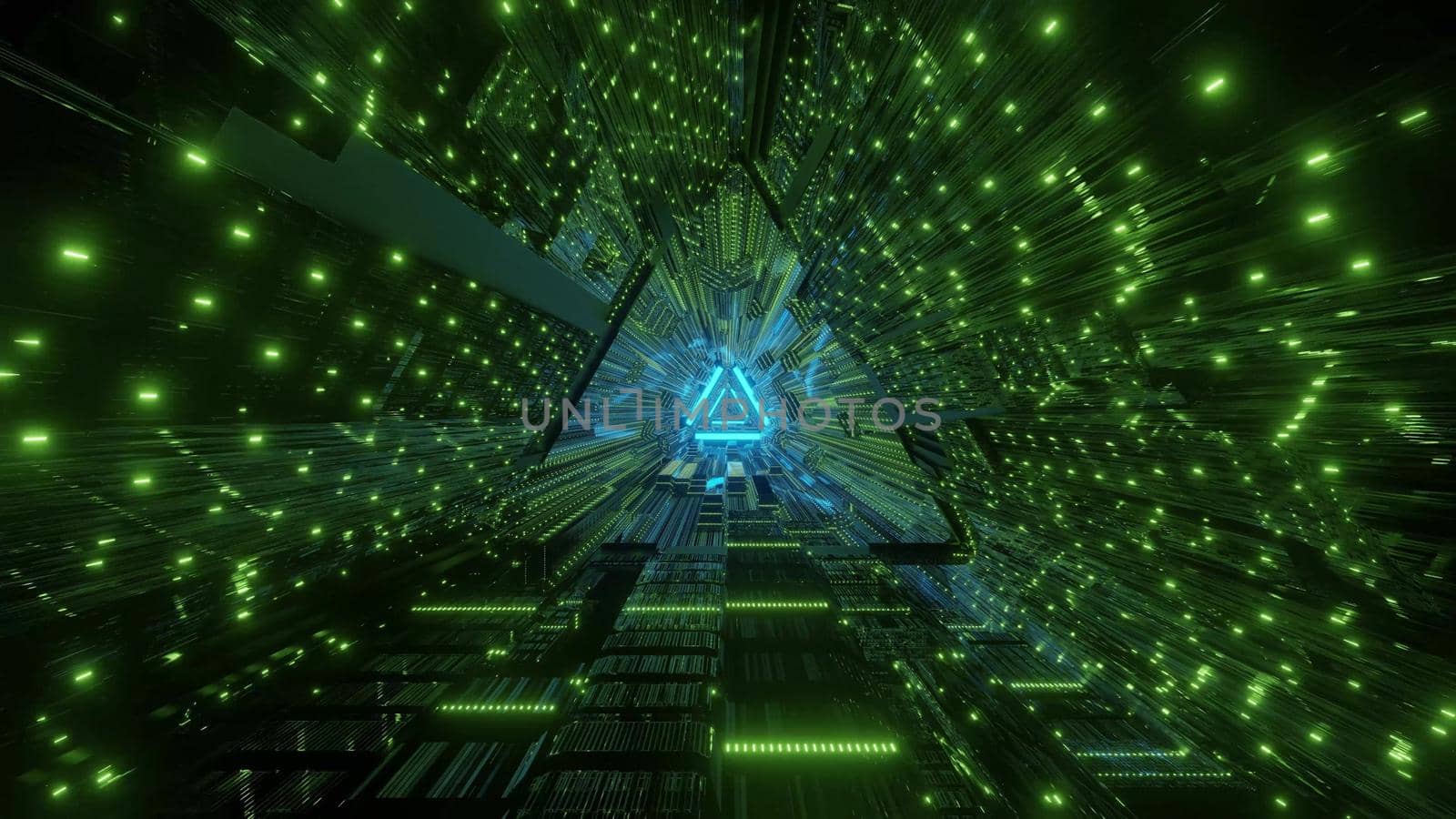Abstract 3D illustration of triangle shaped tunnel illuminated with bright green neon lights