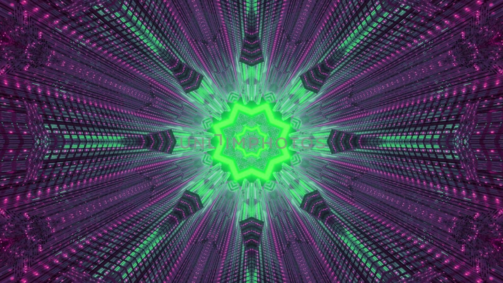 Symmetric 3D illustration of abstract surreal ornament glowing with bright green and purple neon lights