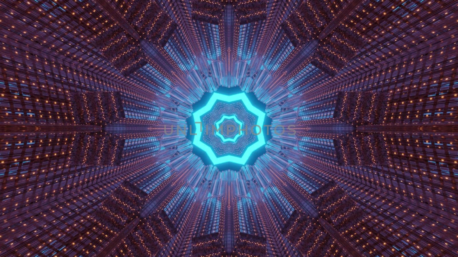 3D illustration of bright neon lights forming tunnel around blue star shaped ornament