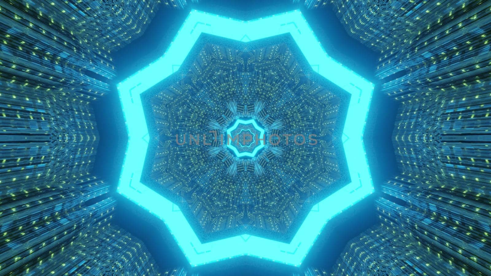 Abstract visual background 3d illustration of sci fi tunnel with geometric star shaped holes glowing in blue neon lights