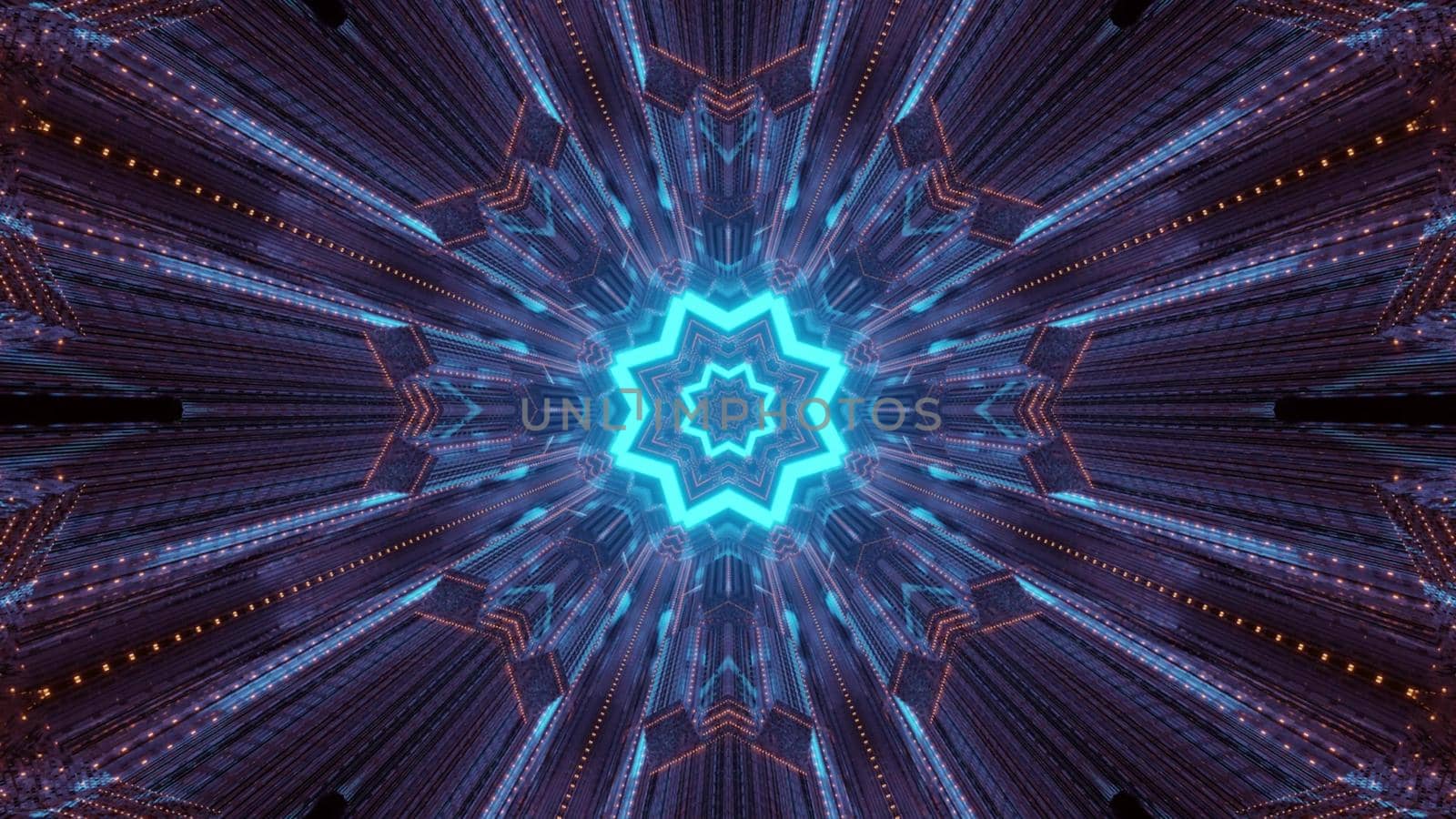 Colorful 3d illustration abstract sci fi background with glowing blue geometric star and neon purple light traces inside of endless futuristic tunnel