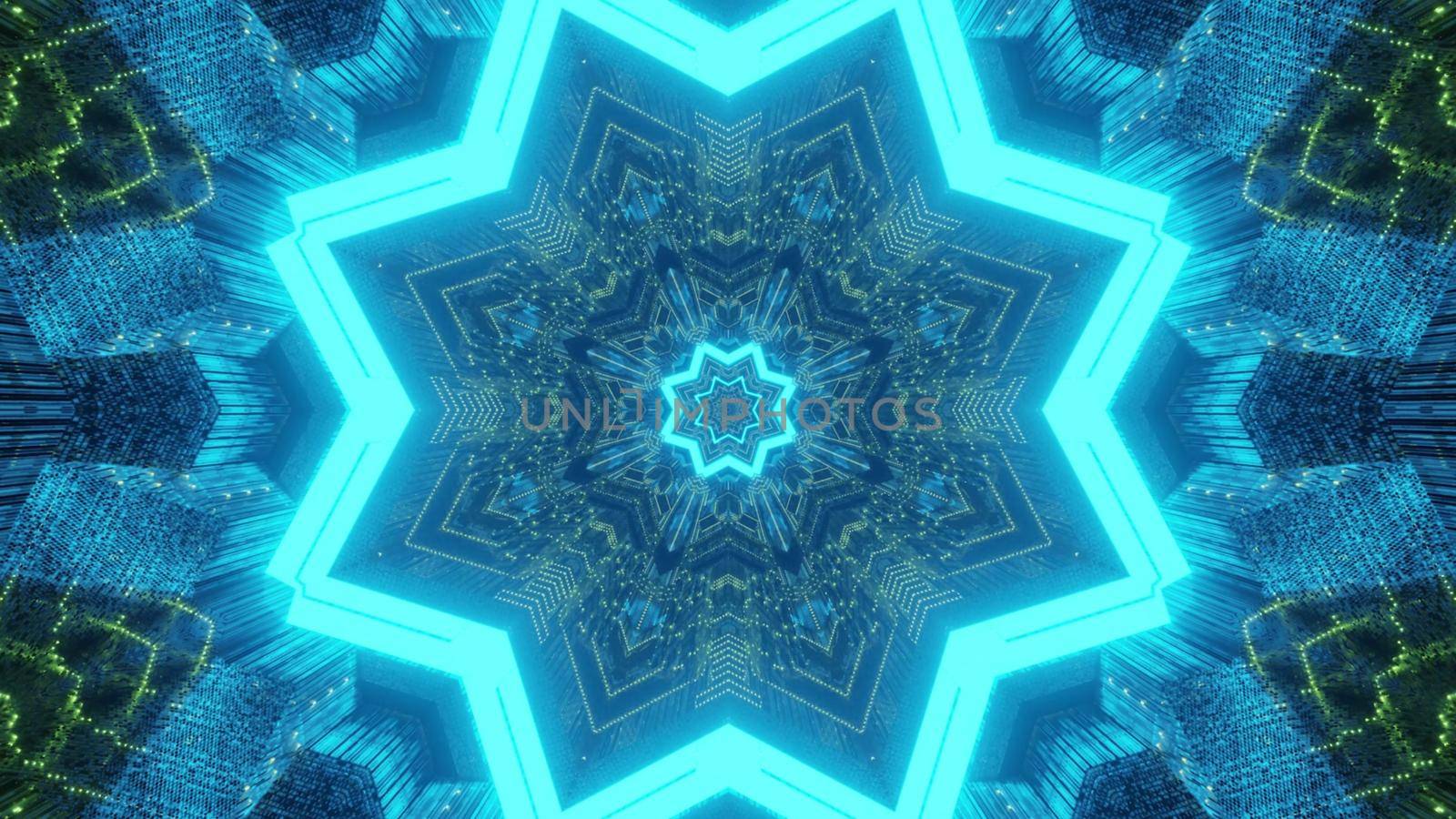 Abstract geometrical background 3d illustration of futuristic tunnel with star shaped holes and kaleidoscopic design in glowing blue and green neon lights