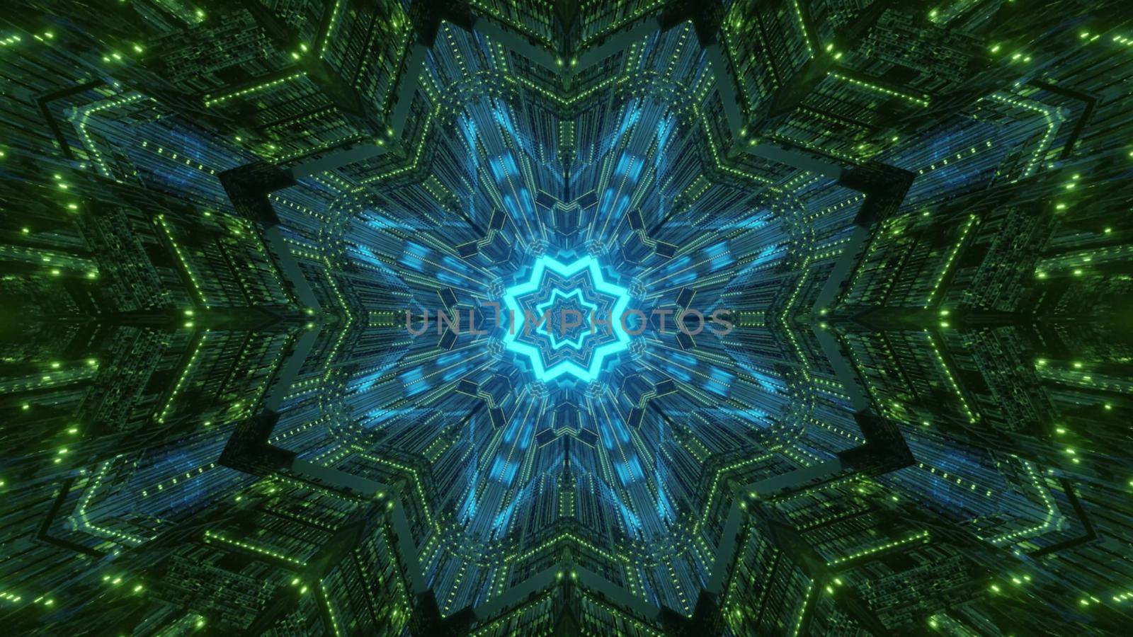 Abstract futuristic technology background 3d illustration with symmetrical geometric design and glowing neon illumination inside of virtual world tunnel