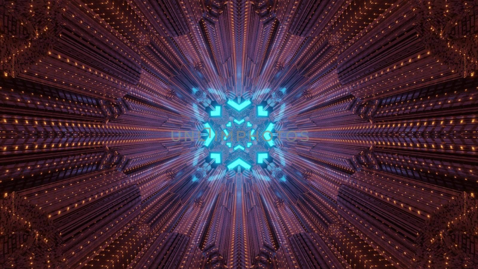 Abstract sci fi background 3d illustration of tunnel perspective with shiny blue geometric holes and metallic panels with blinking red lights