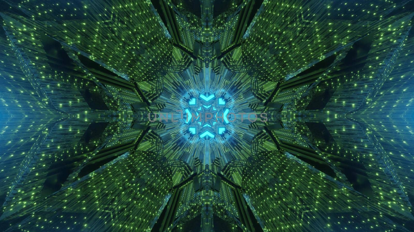 Abstract hi tech background 3d illustration in green and blue neon colors with glowing geometric pattern and light reflections in futuristic style tunnel