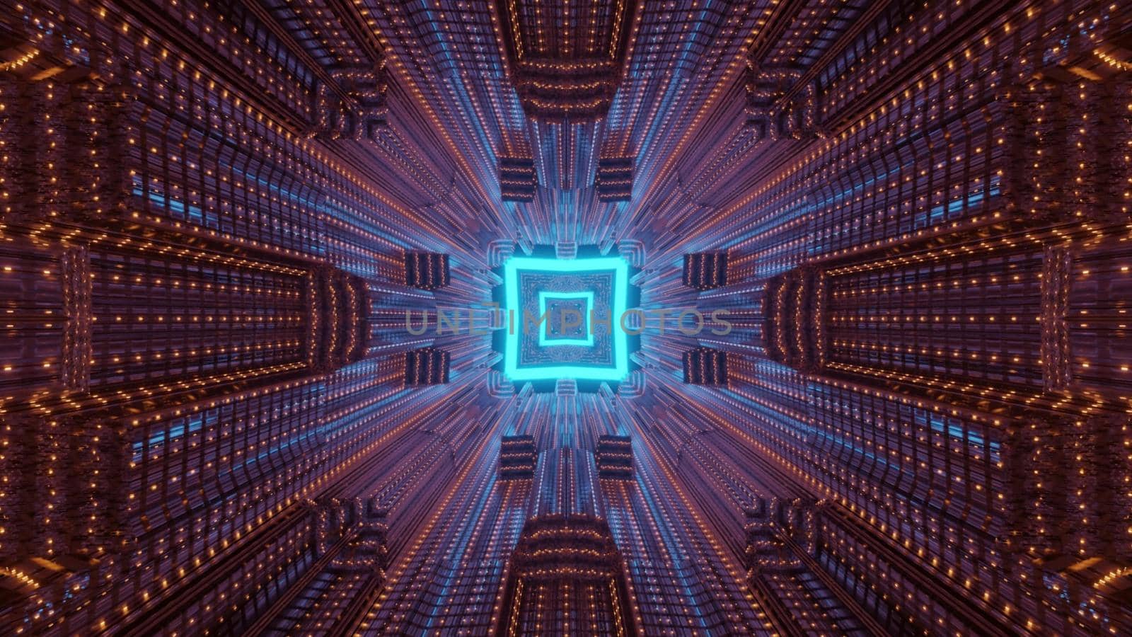 Abstract geometrical background 3d illustration of illuminated corridor of futuristic building with symmetrical square shaped design and neon illumination