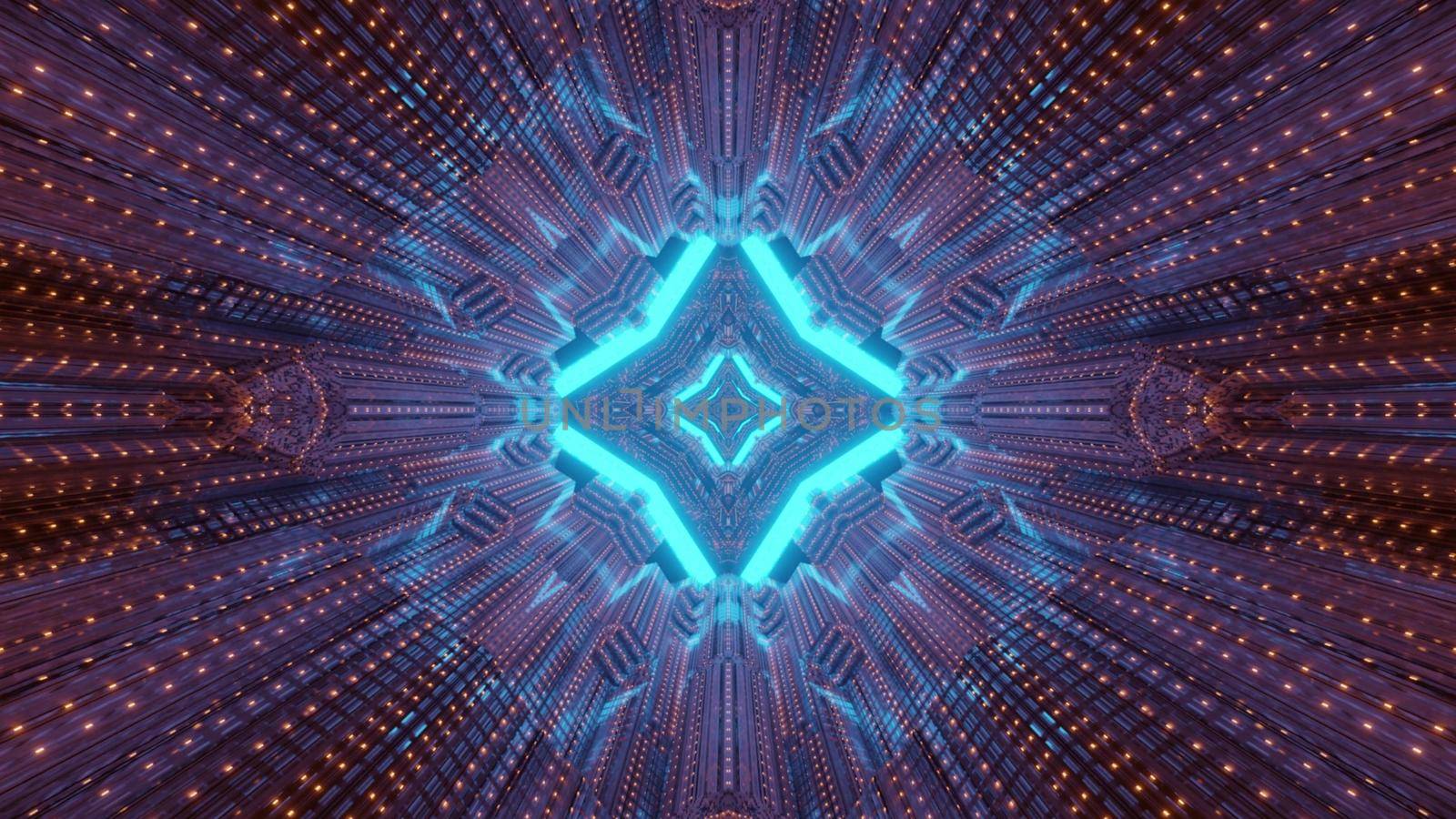 Abstract sci fi background 3d illustration of futuristic passage with metallic panels reflecting bright neon lights of geometric shapes
