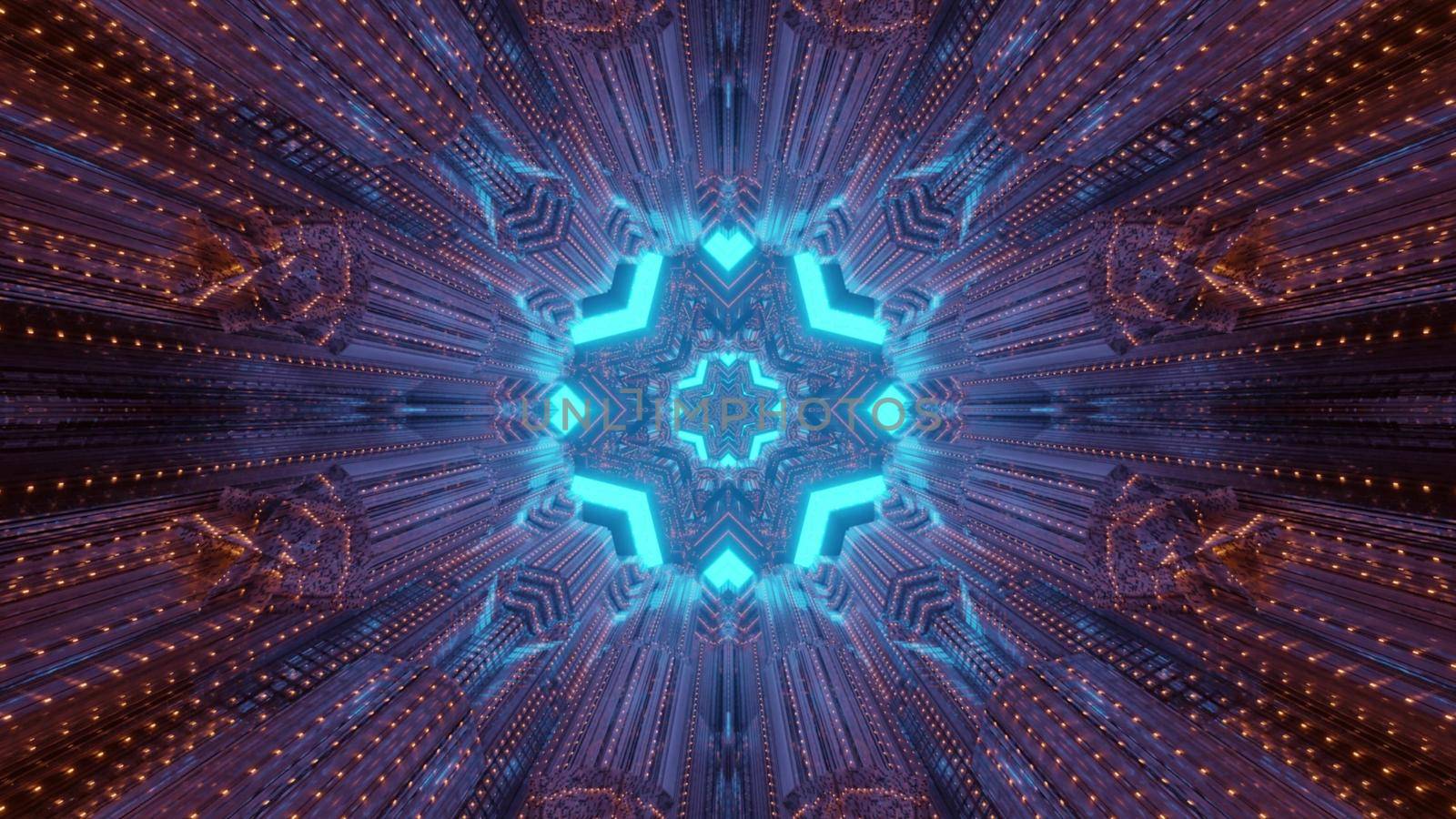 Abstract futuristic architecture and technology background 3d illustration inside of tunnel with blinking red lights and round shaped gateway with blue geometrical pattern