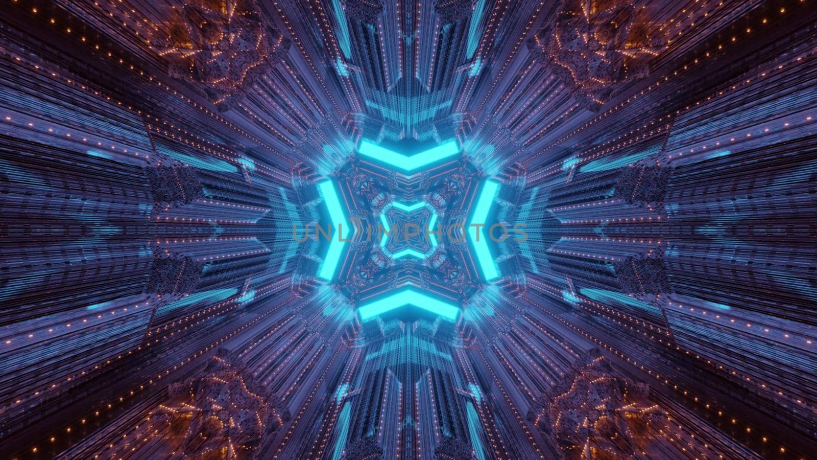 Abstract visual geometrical background 3d illustration of sci fi tunnel with shiny blue neon frames and light reflections