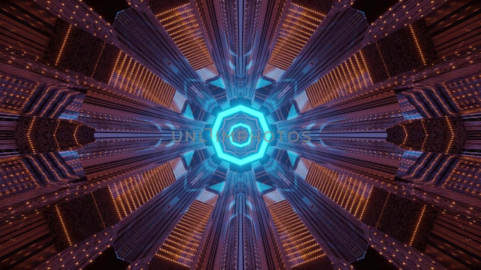 Futuristic technology and architecture concept background 3d illustration through illuminated tunnel with octagonal geometric design and colorful neon illumination