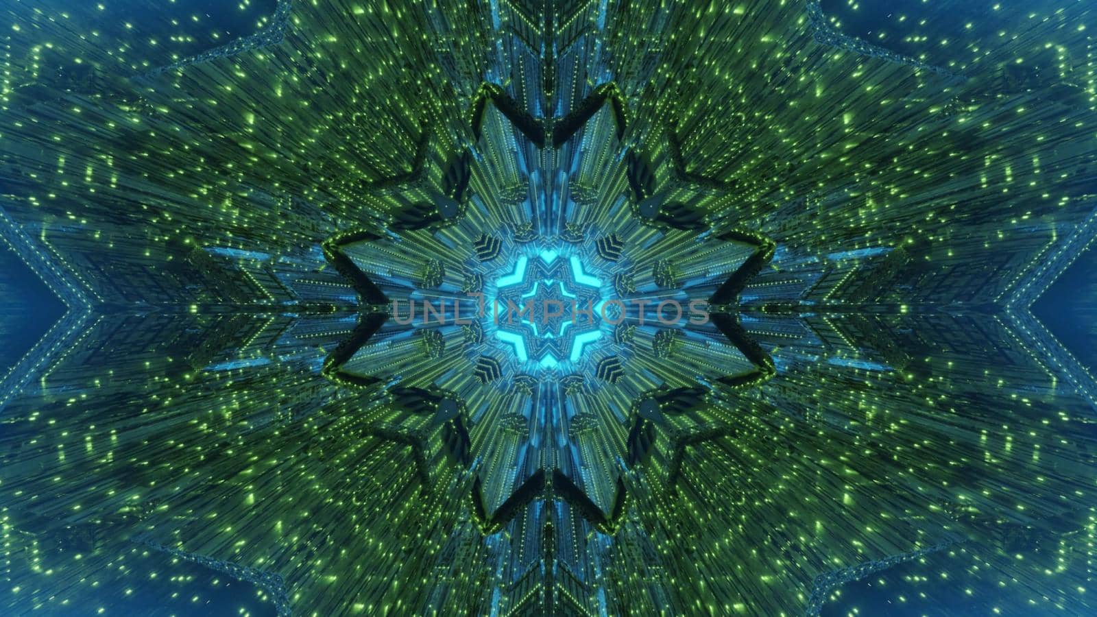 Abstract visual geometrical background 3d illustration of surreal tunnel with green and blue neon illumination and unusual shape for futuristic hi tech concept design