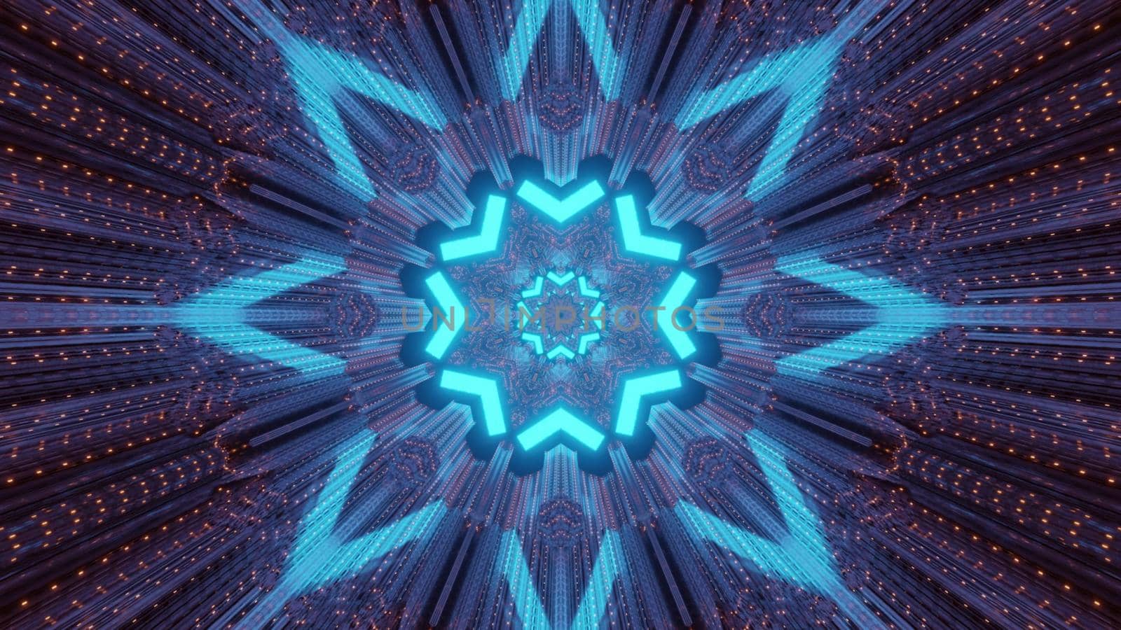 Colorful 3d illustration abstract futuristic tech background inside of illuminated tunnel with traces of blue neon rays in shape of geometric flower and metallic panels with light dots