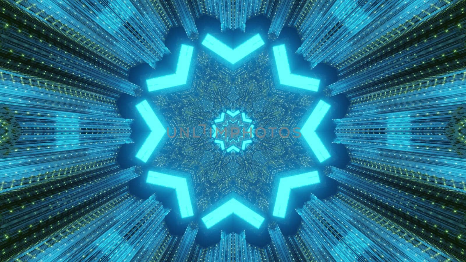 Bright 3d illustration abstract visual futuristic tech background through tunnel perspective with shiny neon triangles forming star shaped frame with light reflections