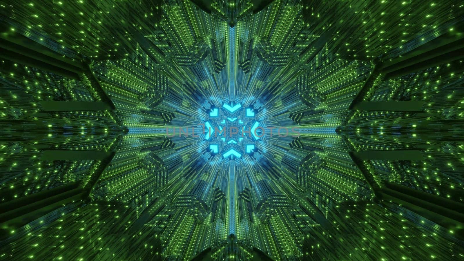 Abstract 3D illustration of symmetric tunnel with crystal walls illuminated with green neon light