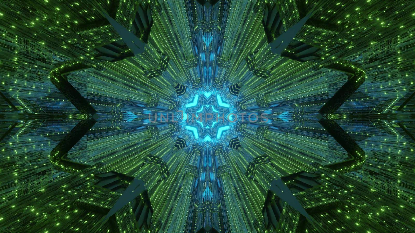 Symmetric 3D illustration of kaleidoscopic ornament shining with bright neon light and forming abstract tunnel