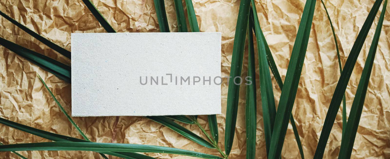 White business card flatlay on brown parchment paper background and green exotic leaf, luxury branding flat lay and brand identity design for mockup by Anneleven