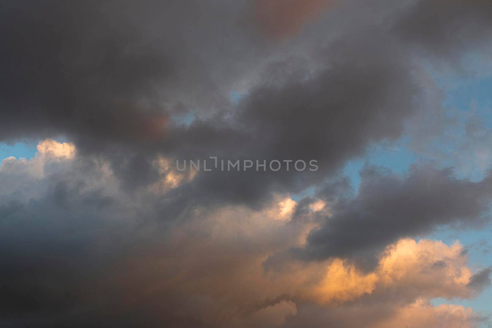 Sky with storm clouds at sunset in Barcelona, Spain.