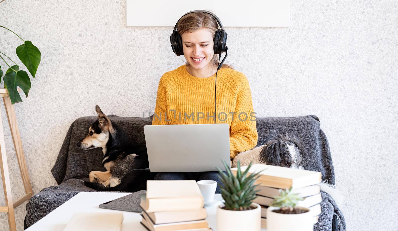 Distance learning. E-learning. Young smiling woman in yellow sweater and black headphones studying online using laptop, sitting on the couch at home