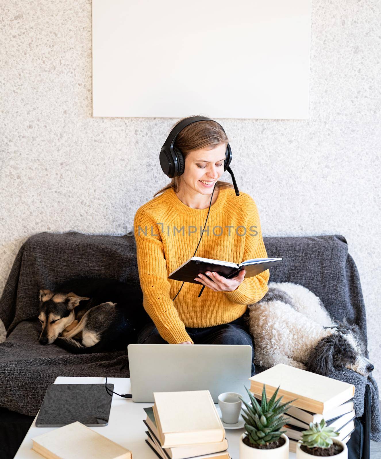 Young smiling woman in black headphones studying online using laptop by Desperada
