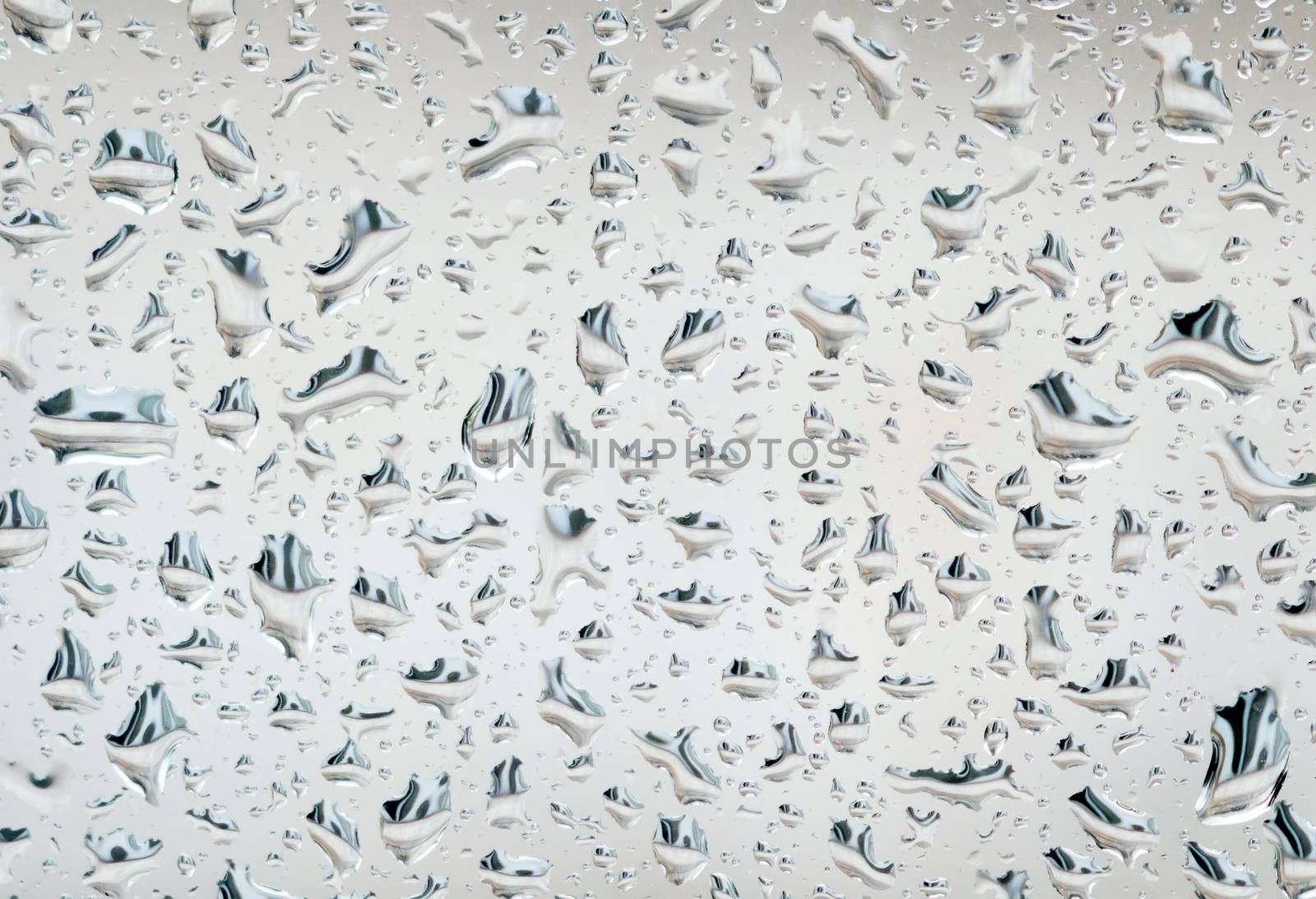 Rain droplets on glass with a white background. Seasonal and rain. Melancholy and mood.