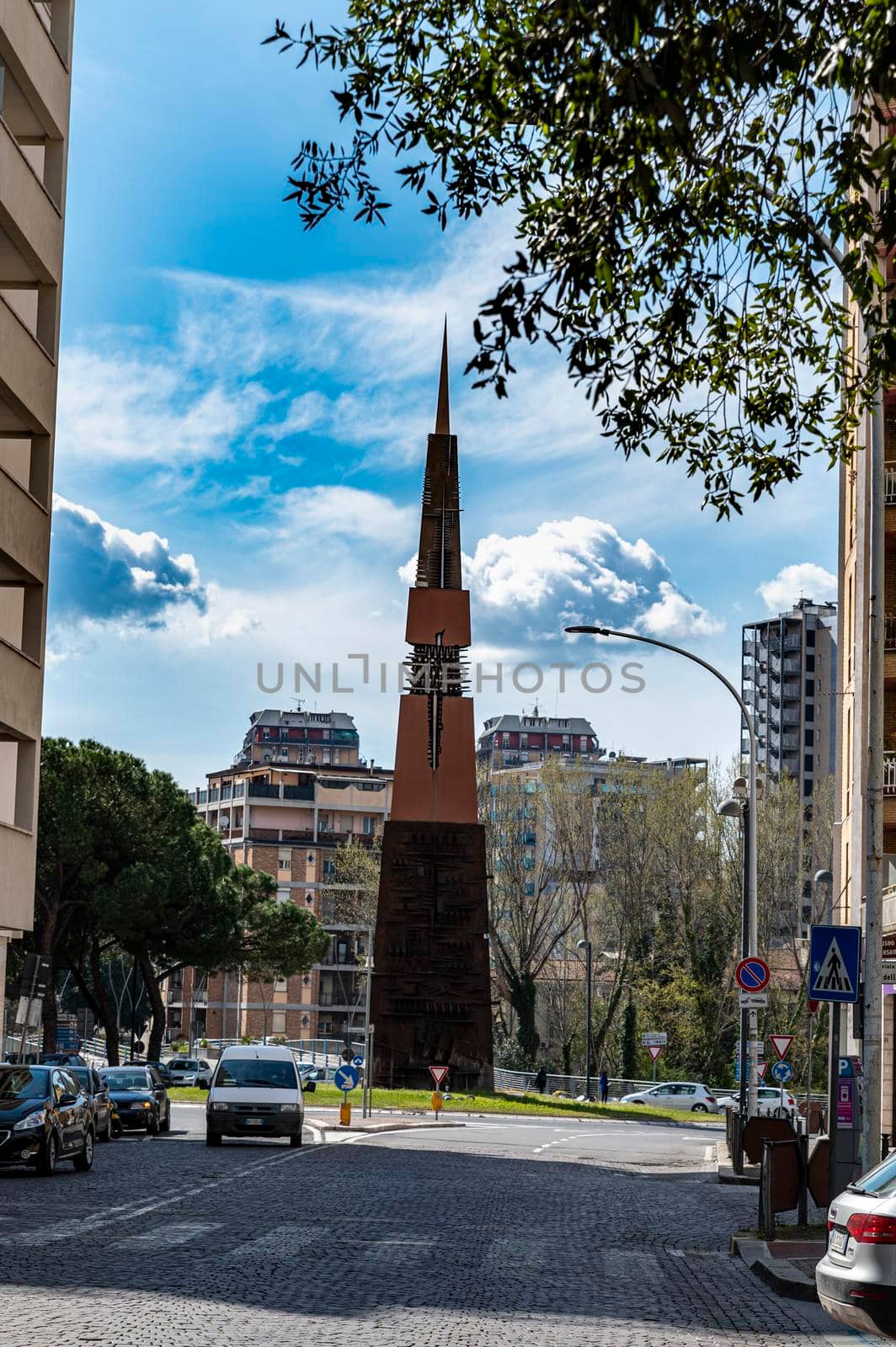 terni,italy march 18 2021:tomato obelisk at the beginning of course of people