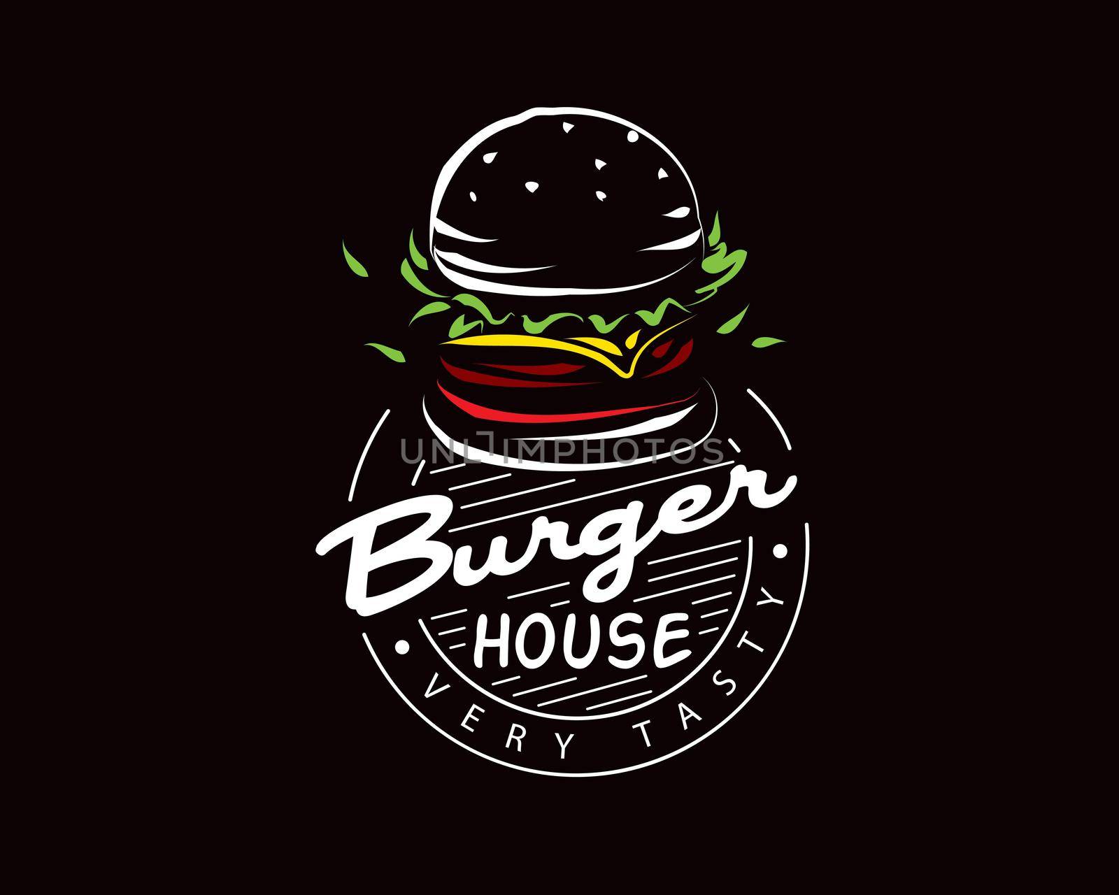 Hand drawn vector burger logo on black background.