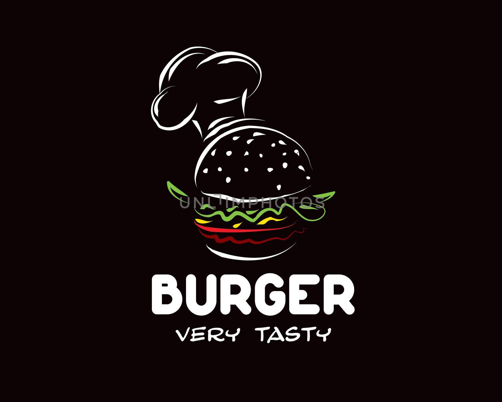 Hand drawn vector burger logo on black background.