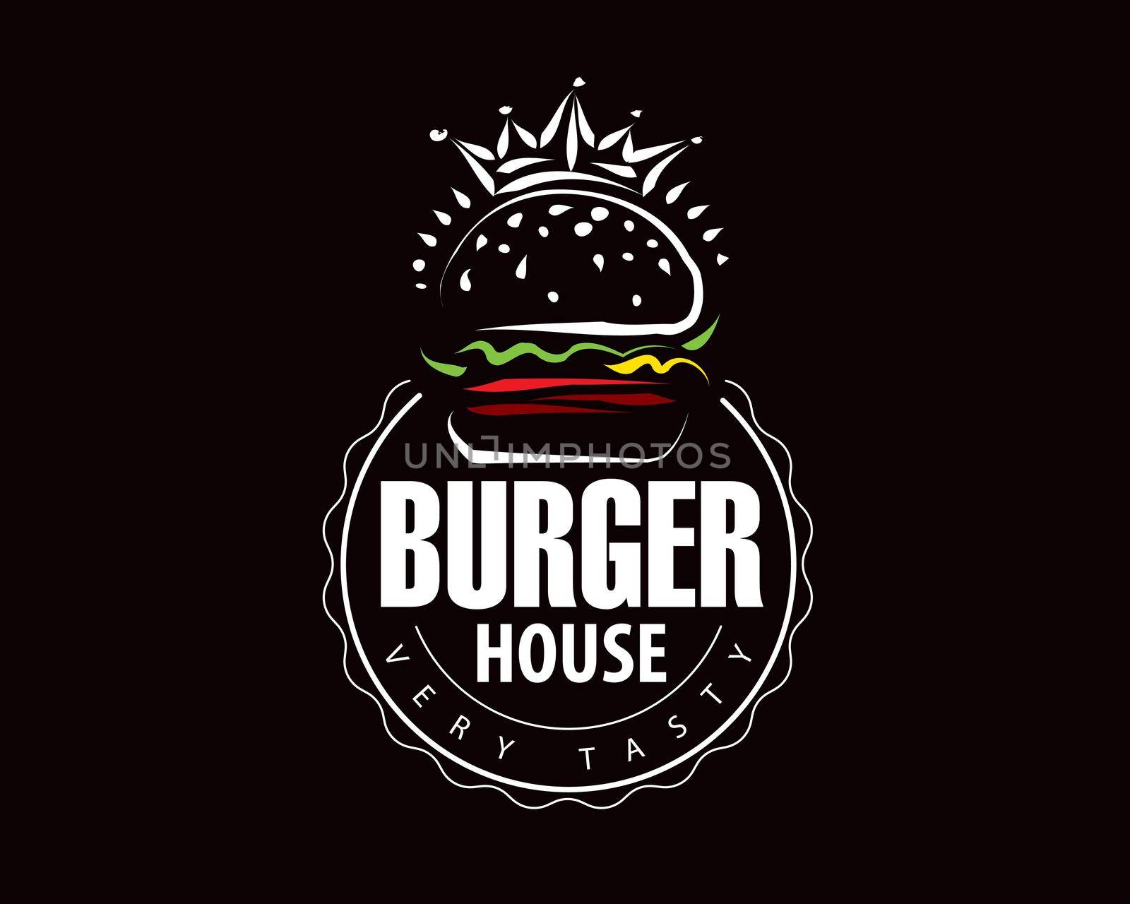 Hand drawn vector burger logo on black background.