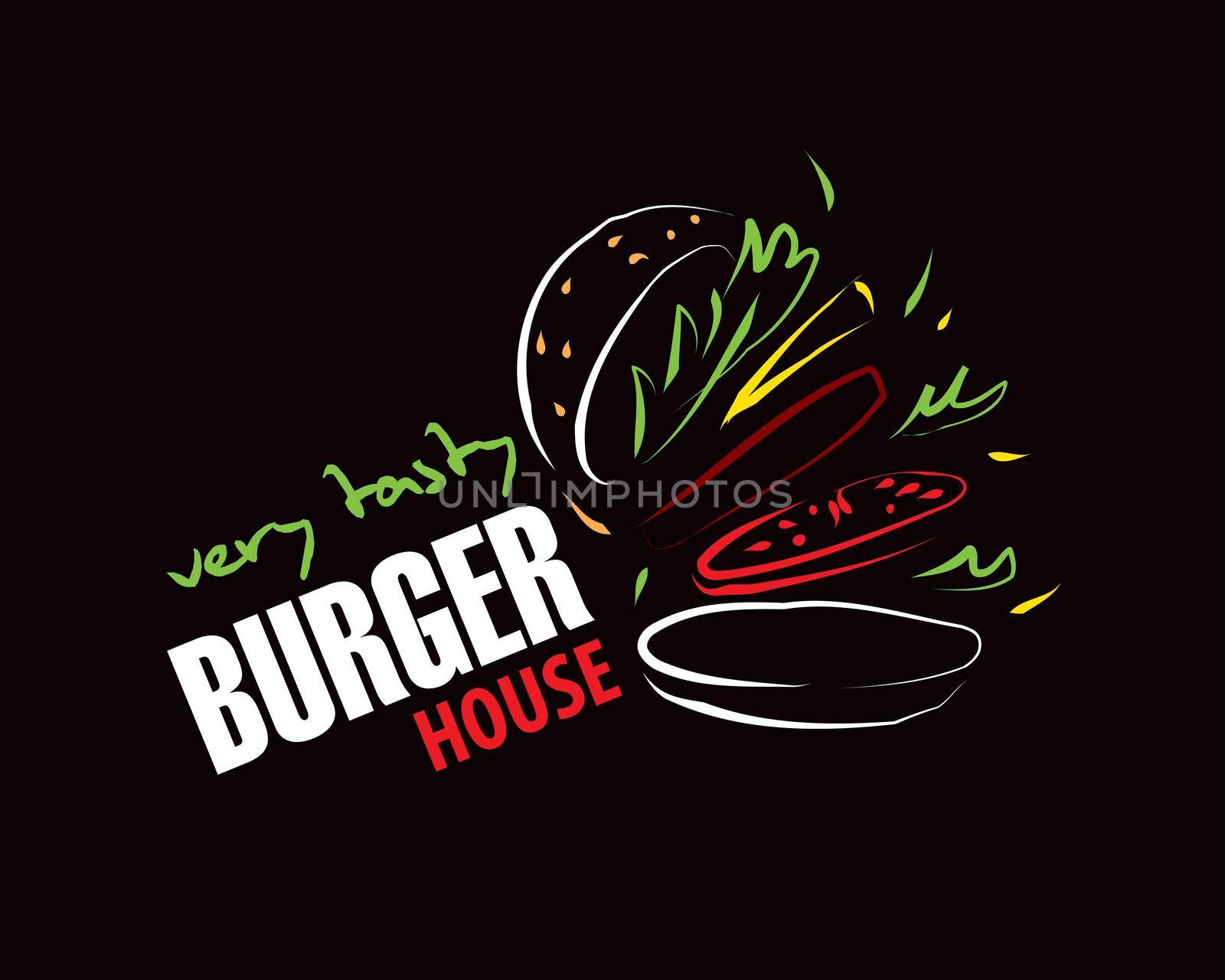 Hand drawn vector burger logo on black background.