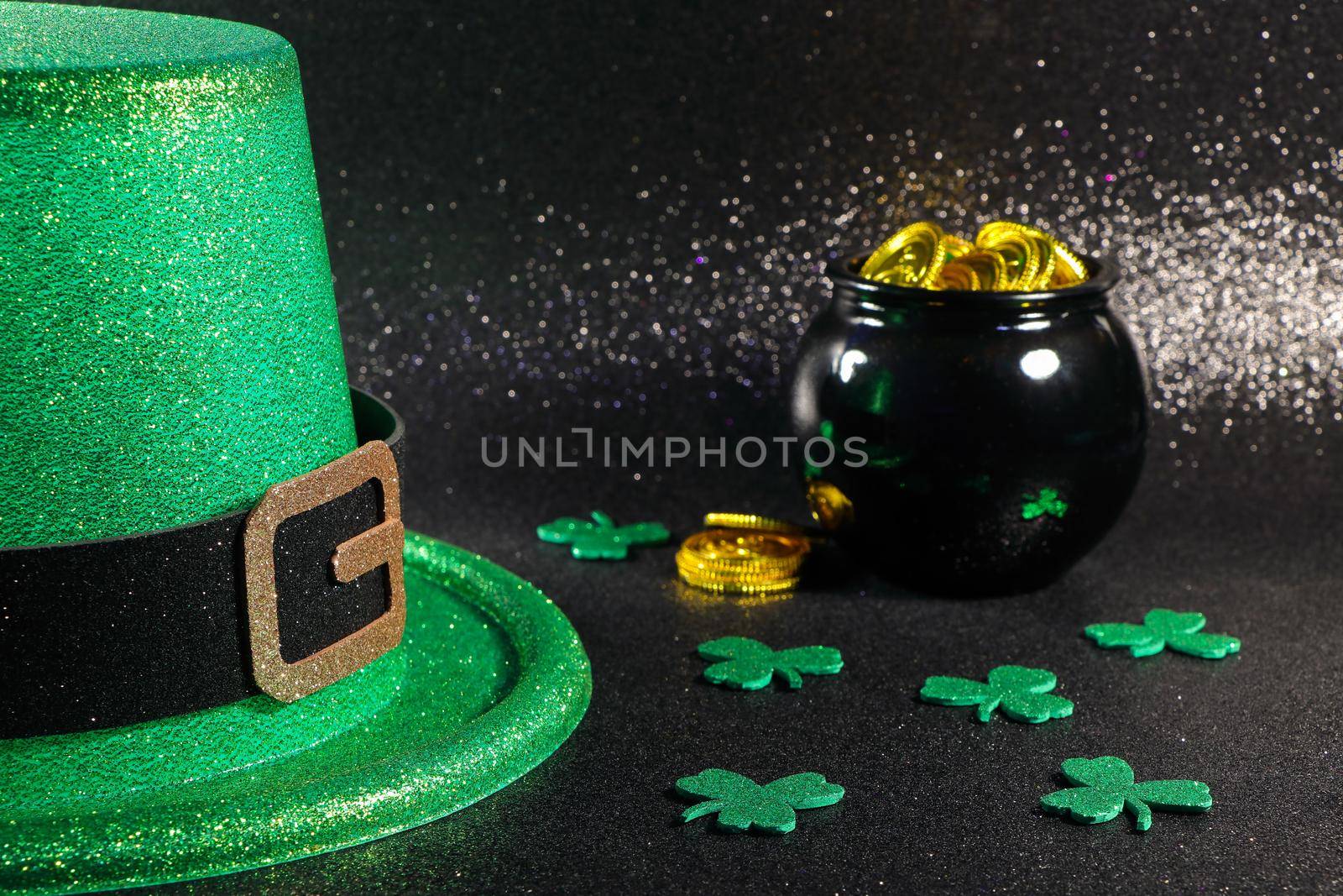 St Patrick's day green Leprechaun party hat with pot of gold and shamrock clovers