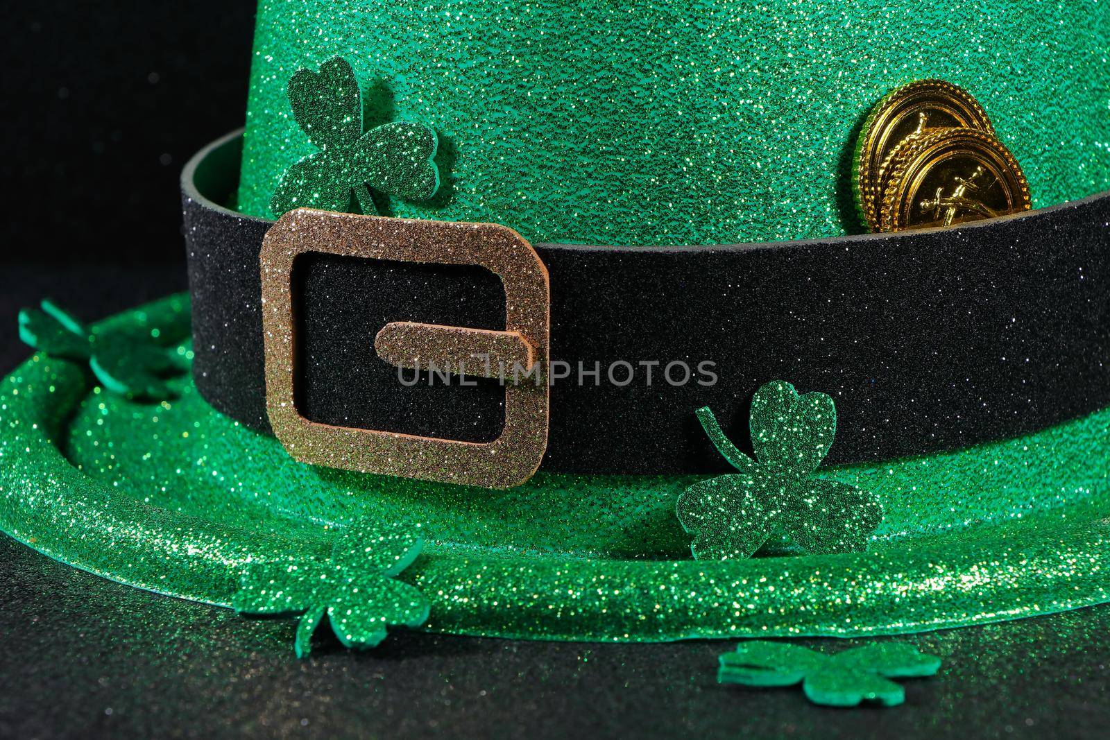 St Patrick's day green Leprechaun party hat with shamrock clovers and gold coins