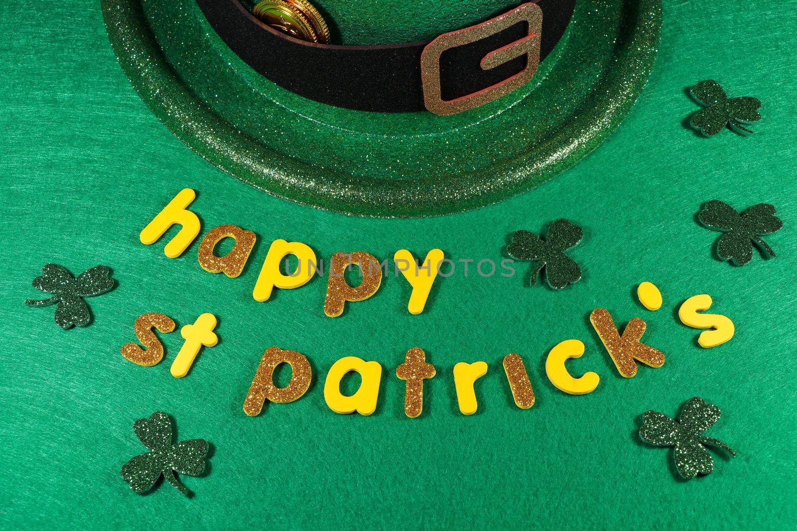 Happy St Patrick's Leprechaun Hat With Coins And Shamrock Clovers by jjvanginkel