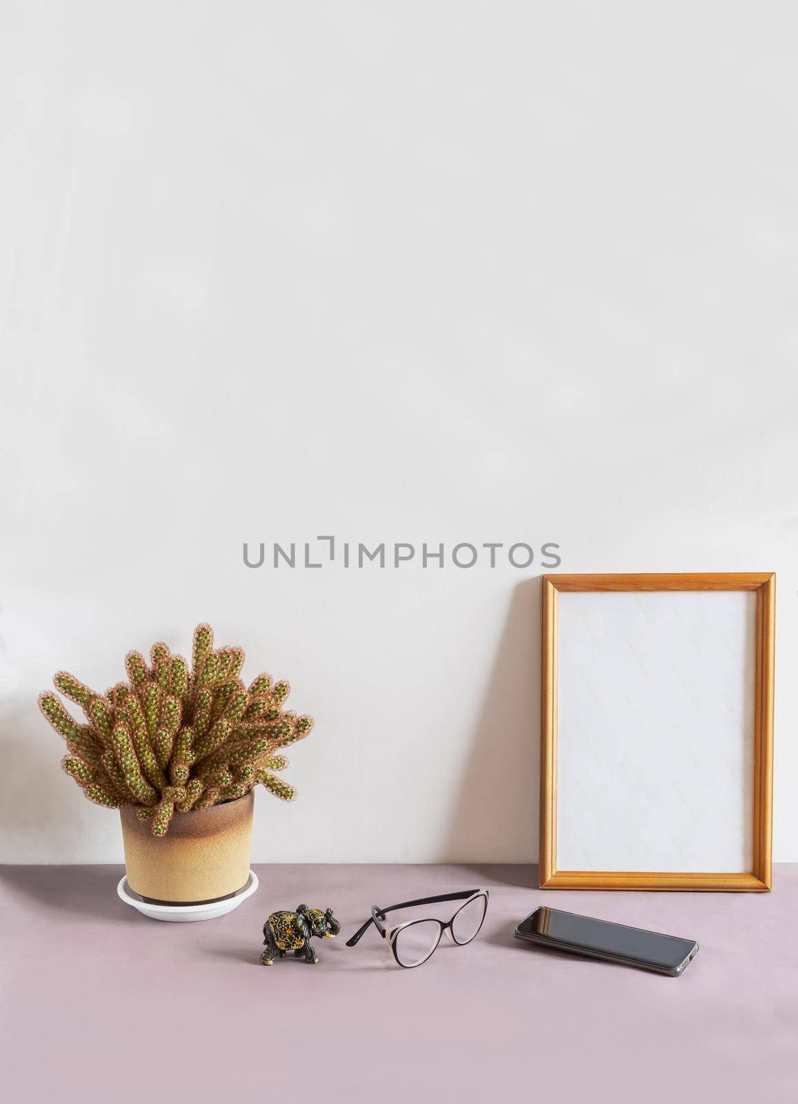 On a table against a white wall is a wooden photo frame and a potted cactus flower. Next to it are glasses and a smartphone. Front view, copy space