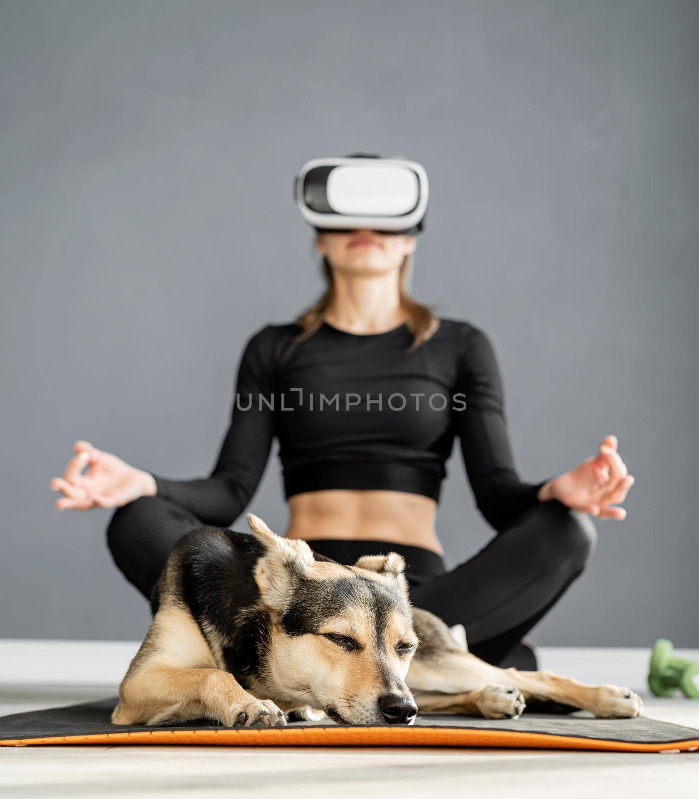 Fitness, sport and technology. Young athletic woman wearing virtual reality glasses sitting on fitness mat with dog