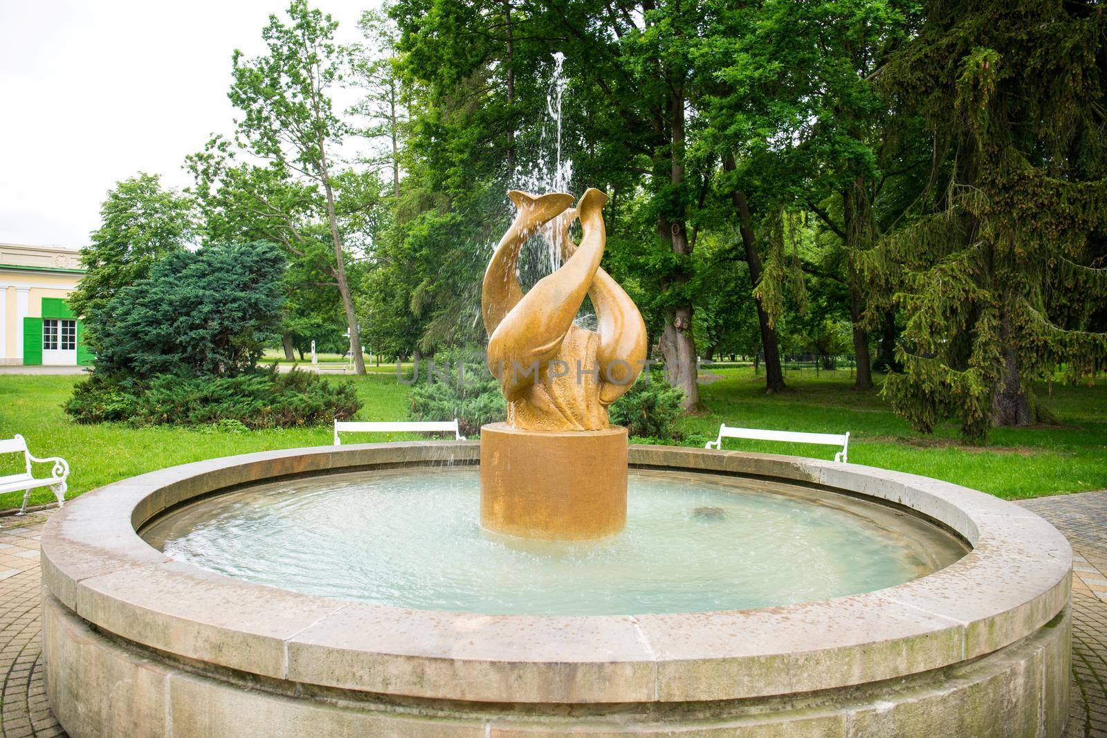 Frantiskovy Lazne, Czech Republic - June 14 2020: Water fountain with sculpture of fish by Jindrich_Blecha
