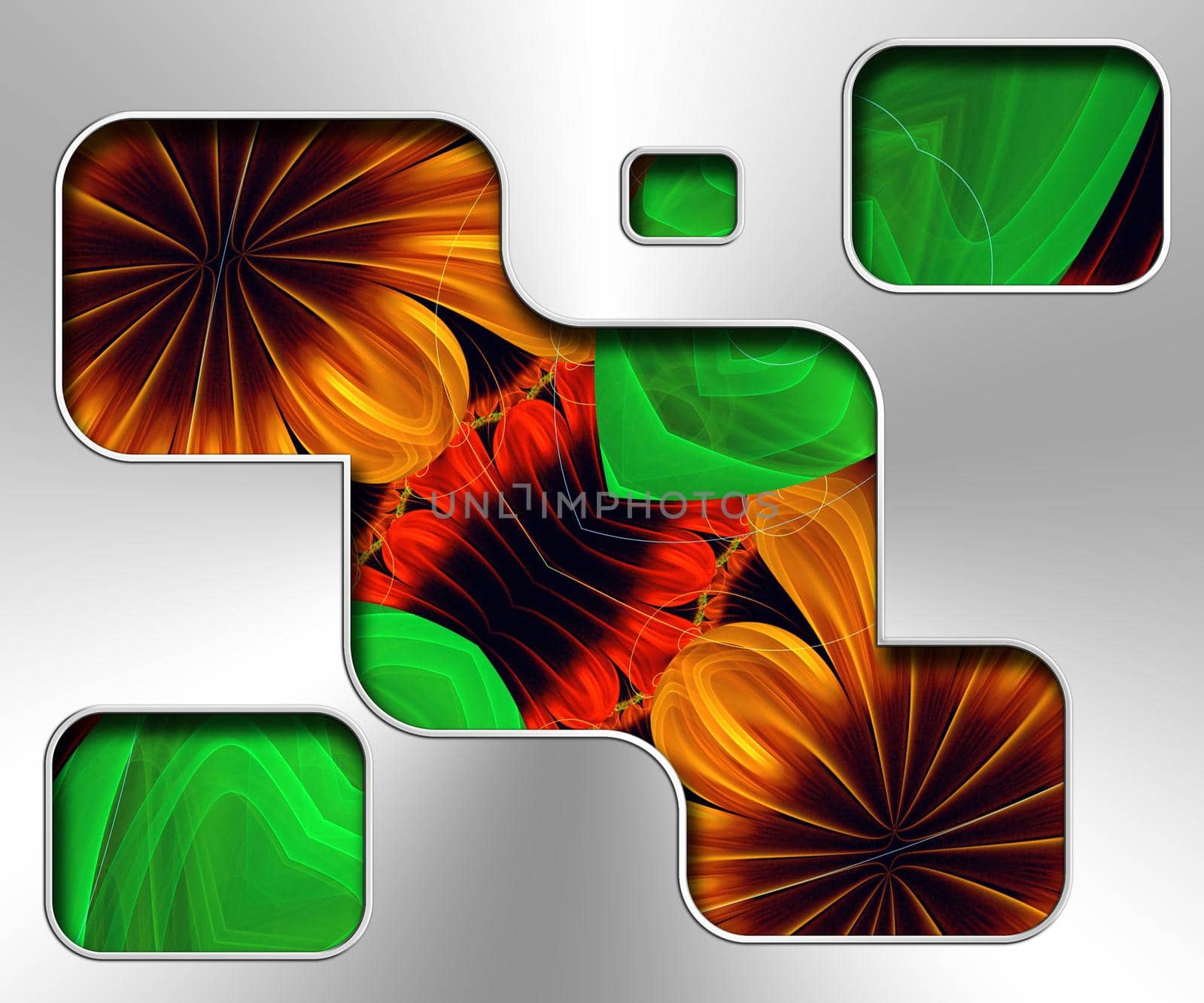 3D illustration of creative fractal artwork combined with silver metal plate embellishment